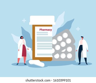 Doctors standing near medicaments. Sign of quality. Drugs and medicaments production. Flat vector illustration