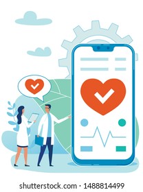Doctors Standing near Mobile Phone with Application for Medical Check Flat Cartoon Vector Illustration. Digital Health Care Concept. Heartbeat Monitoring with App. Heart and line on Screen.