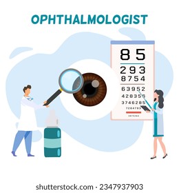Doctors standing next to eye ball with element of eye sight chart and eye drops, a lady ophthalmologist doctor pointing to a chart on pastel background