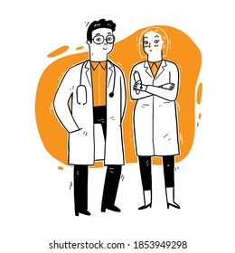 Doctors standing and talkin.  Medical digital vector about the working day of doctors. Illustration for web banner, infographic or printing design