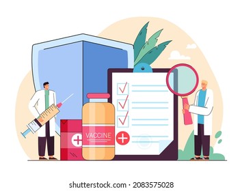 Doctors standing with vaccine bottle and syringe injection. Medical people with big shield and prescription against virus flat vector illustration. vaccination, immunization, inoculation concept