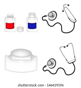 doctor's stethoscope, medicine bottles with pills, nurse cap. 
