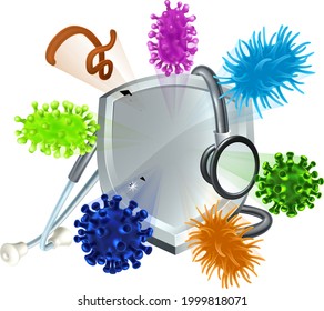 A doctors stethoscope and shield deflecting virus or bacteria cells medical health concept
