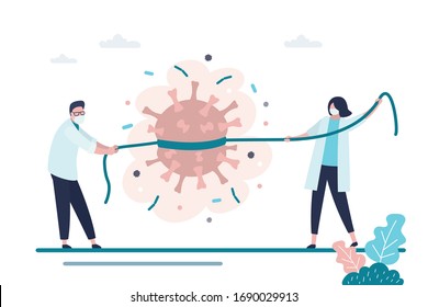 Ärzte stoppen die Ausbreitung von Viren und Krankheiten. Mediziner in Schutzmasken, gefangen und zurückgehalten Koronavirus. Konzept der Gesundheitsversorgung Virusforschung. Globale Pandemie Covid-19. Flaches Vektorillustration-Illustration