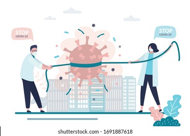 Los médicos dejan de transmitir virus y enfermedades. Pandemia mundial Covid-19. Personal médico con máscaras protectoras atrapado y retenido el coronavirus. Concepto de atención de la salud. Vista urbana. Vector plano
