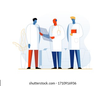 Doctors study the patient's chart in the hospital. Vector illustration