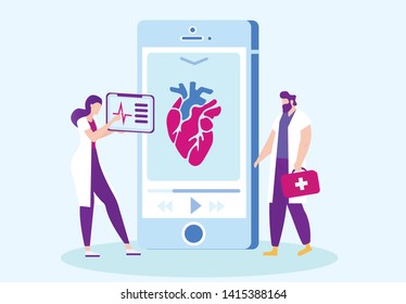 Doctors Studying Course on Work Human Heart Online. Distance Learning. E-Learning. White Background. Vector Illustration. Heart on Smartphone Screen. Study Medicine. Students in White Coat.