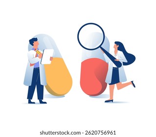 Doctors are studying drugs, pills, representing healthcare, medicine, treatment, and personal wellness.