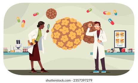 Doctors studying HPV cell. Scientist man and woman persons doing papillomavirus research. Virus disease treatment, HPV caused cancer prevention, virology, health care concept flat vector illustration