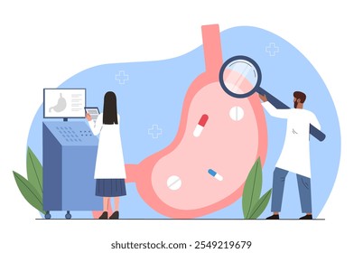 Médicos estudando estômago. Mulher e homem em trajes médicos com lupa examinam órgãos internos. Anatomia e biologia. Bactérias e microflora, intestino. Ilustração de vetor plano