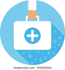 Doctor's suitcase, hand holds doctor's suitcase with long shadow. Vector, cartoon illustration. Vector.
