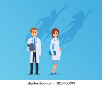 Doctors with superheroes shadow. Medical team, cute strong hospital workers. Medicine power metaphor vector illustration