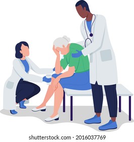 Doctors support crying old lady semi flat color vector characters. Full body people on white. Anxiety, depression in seniors isolated modern cartoon style illustration for graphic design and animation