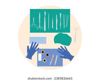 Doctor's surgical equipment, medical gloves and cap, syringe and mask, desk top view vector illustration.