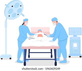 Doctors at surgical procedure flat color vector faceless characters. Hospital aid. Surgeons at operating table. Medical treatment isolated cartoon illustration for web graphic design and animation