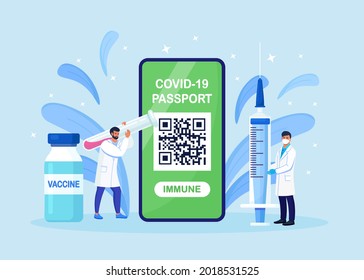Doctors with syringe and vaccine vial. Mobile phone with immune digital health passport, which indicates a vaccination against covid-19. Immunity certificate against coronavirus. Vector illustration