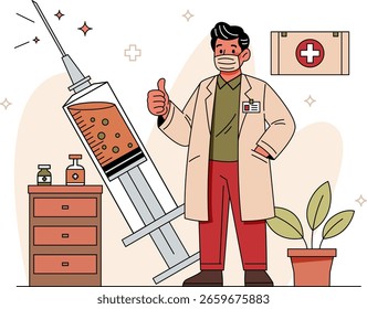 Médicos y jeringas con coloridas Ilustraciones vectoriales planas
