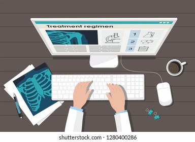 Doctor's  table workplace. Medicine concept. X-ray lungs, computer and pen. Vector illustration