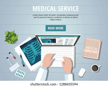 Doctor's  table workplace. Medicine concept. X-ray lungs, computer and pills. Workplace.  Vector illustration
