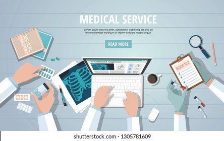 Doctors  table Workplace. Medicine concept. X-ray lungs, computer and pills. Vector illustration