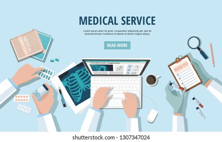 Doctors  table Workplace. Medicine concept. X-ray lungs, computer and pills. Vector illustration