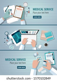 Doctors table workplaces. Medicine concept set web banners. Vector illustration