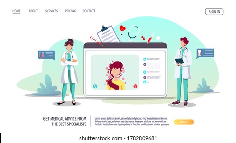 Doctors and tablet with patient on the screen. Medical consultation, Online doctor, Tele medicine, Medicine clinic and health care concept. Vector illustration for poster, banner, website.