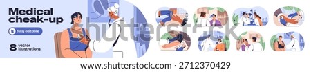 Doctors take medical tests set. Medics checkup health, measure blood pressure, temperature of patients in hospital. Nurses do analysis in laboratory. Flat isolated vector illustrations on white