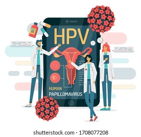 Doctors talk about the human papillomavirus HPV on a smartphone, point to the female reproductive system, there are medicines and the virus around. Vector illustration