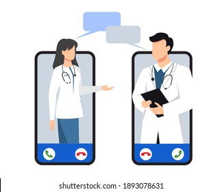 Doctors talk on the phone , using instant messengers. Work questions, consultations, phone chat. Telemedicine, doctor's consultation, colleagues. Working moments. Vector