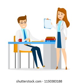 Doctors talking to each other. Medicine workers in hospital discuss patient diagnosis. Isolated flat vector illustration