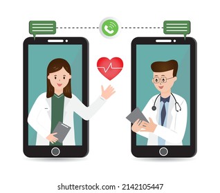 A Doctors are talking on the smartphone with first aid kit icon isolated on Blue background.Telemedical service concept.Medical health care cartoon character.Vector.Illustration.  