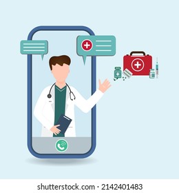 A Doctors is talking on the smartphone with first aid kit icon isolated on Blue background.Telemedical service.Medical health care cartoon character.Vector.Illustration.  
