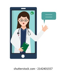 Un médico está hablando sobre el smartphone aislado en el fondo blanco. Servicio de telemedicina. Caricatura de atención médica.Vector.Ilustración.  
