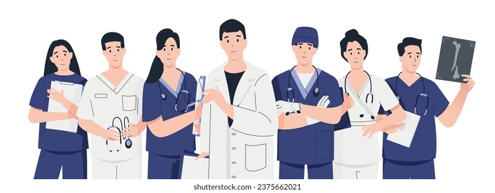 Equipo de doctores. Personajes de caricatura con uniforme médico, personal asistente de doctores de enfermería en carrera de salud, concepto de salud. Conjunto de vectores. Grupo de mujeres y hombres