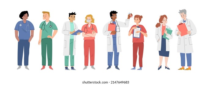 Doctors Team, Diverse Hospital Healthcare Staff Nurse, Surgeon Or Therapist Characters In Medical Robes. Group Of Clinic Workers, Medicine Profession Personages Cartoon Linear Flat Vector Illustration