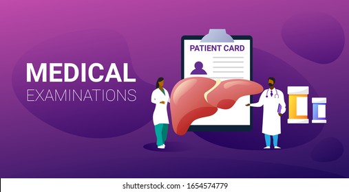 equipo médico que examina la consulta médica en el hígado humanos examen interno de órgano examen de tratamiento concepto horizontal copia espacio completo ilustración vectorial