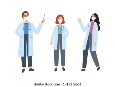 Doctors team in face masks. Vector illustration of hospital medical staff, paramedic, medical orderly, male and female nurse. Friendly cartoon characters