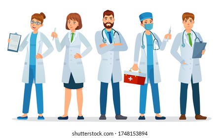 Doctors team. Healthcare workers, medical hospital nurse and doctor with stethoscope standing together cartoon vector illustration. Team medical worker with stethoscope, medical uniform doctor team