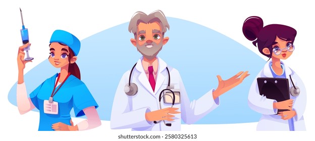 Doctors team isolated on white background. Vector cartoon illustration of male medicine professor, female doctor stethoscope and nurse with syringe, professional hospital personnel, medical staff