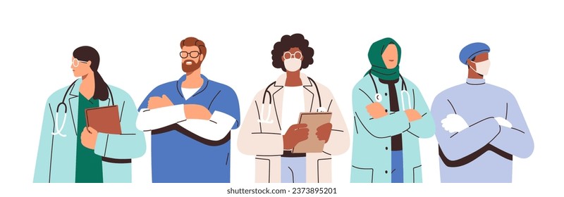 Doctors team, medical group portrait. Hospital workers, diverse multi-ethnic practitioners, personnel, healthcare staff, men and women. Flat graphic vector illustration isolated on white background