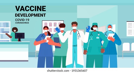 doctors team in medical masks holding syringe and bottle vial coronavirus vaccine development medical immunization campaign concept clinic interior horizontal portrait vector illustration