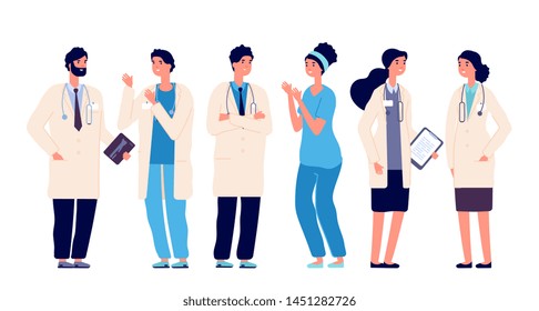 Doctors team. Medical staff doctor nurse therapist surgeon professional hospital workers, group of medics, cartoon vector characters. Illustration of medic therapist and medicine team