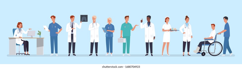 Doctors Team. Medical Staff Doctor And Nurse, Group Of Medics. Hospital Communication. Vector Illustration In A Flat Style