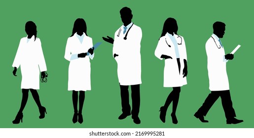 Doctors Team. Medical Staff Doctor And Nurse, Group Of Medics Silhouettes. Vector Illustration.