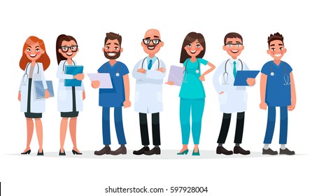 Doctors. Team of medical workers on a white background. Hospital staff. Vector illustration in cartoon style