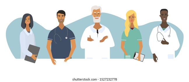 Doctors team, nurses and chief physician portraits. Set of medical specialists. Flat vector cartoon illustration  for concepts for web, medical clinics, hospitals, laboratories.  Isolated characters