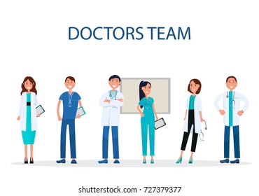 Doctors team on white. People providing medical care dressed in uniform. Healthcare workers with stethoscopes and tablets vector illustration