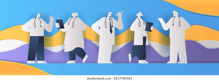 Siluetas del personal médico del estilo del corte del papel del equipo de médicos con los estetoscopios y las tabletas concepto abstracto colorido de la atención sanitaria del fondo