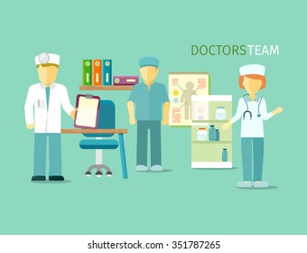 Doctors team people group flat style. Group of doctors, medical team, doctors office, nurse person, medicine hospital, professional staff, physician profession illustration